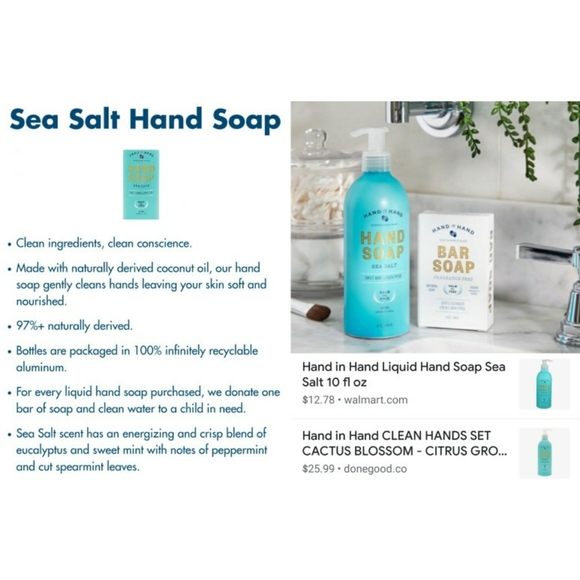 🌞 5/$20 Hand In Hand Sea Salt Liquid Hand Soap Sweet Mint Eucalyptus New 10oz - Picture 3 of 3